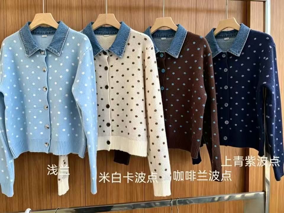 프랑스식 도트 무늬 페이크 레이어드 데님 패치워크 POLO 칼라 니트 스웨터 부드러운 찹쌀 연령 감소 스웨터 코트 가을 겨울철 새로운 상세 이미지 5