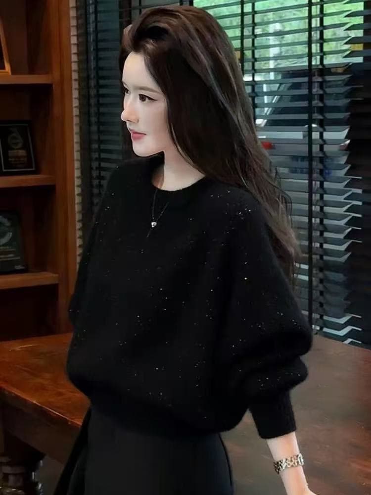 고유 한 슈퍼 잘 생긴 라운드 넥 스팽글 스웨터 여성 2026 가을 겨울철 새로운 캐주얼 루즈핏 폭발 니트 맨위 이미지 3