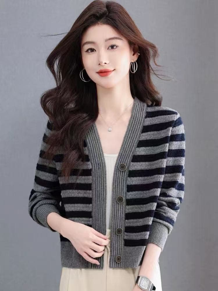 2026 봄 가을 새로운 스트라이프 니트 오픈 가디건 여성 V넥 카디건 긴팔 패션 다용도 버튼 스웨터 코트 상세 이미지 1