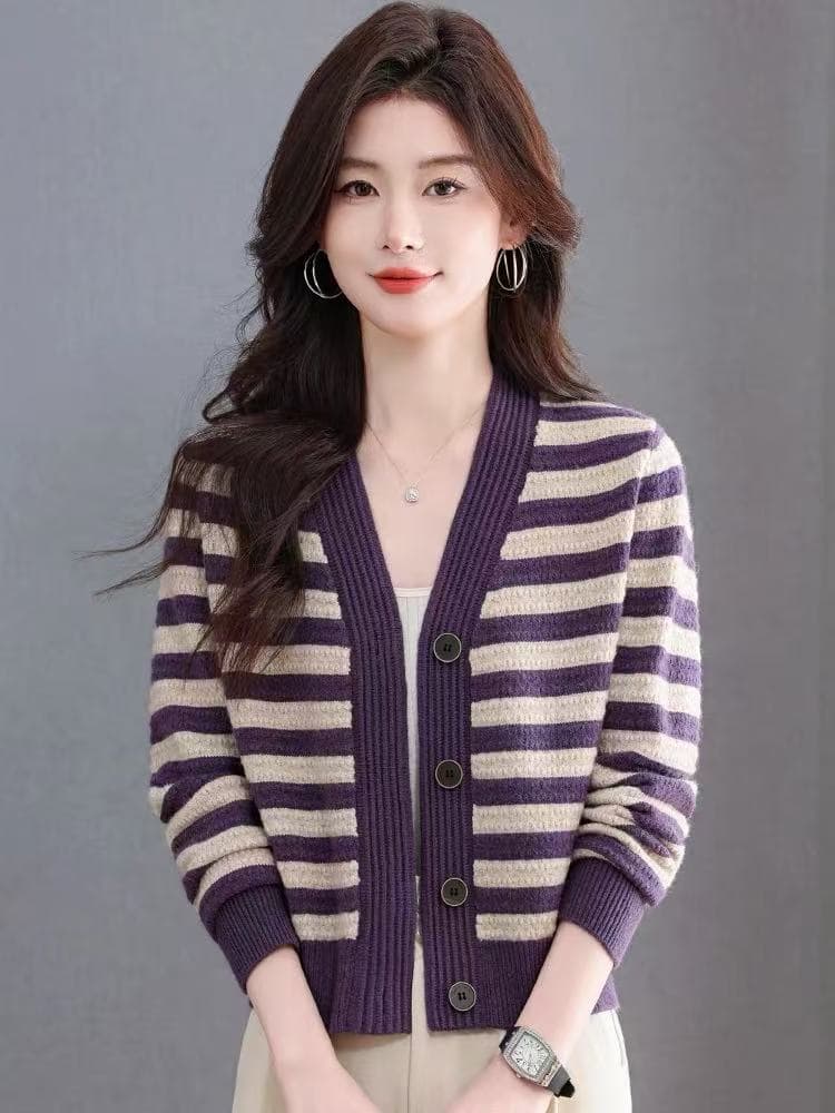 2026 봄 가을 새로운 스트라이프 니트 오픈 가디건 여성 V넥 카디건 긴팔 패션 다용도 버튼 스웨터 코트 상세 이미지 2