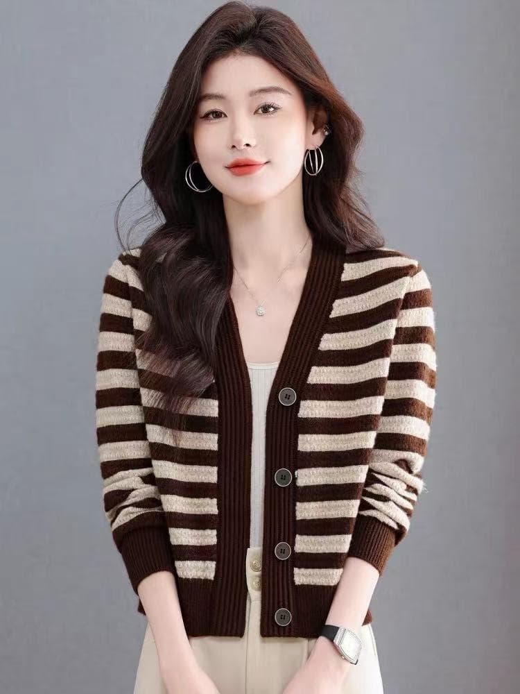2026 봄 가을 새로운 스트라이프 니트 오픈 가디건 여성 V넥 카디건 긴팔 패션 다용도 버튼 스웨터 코트 상세 이미지 3