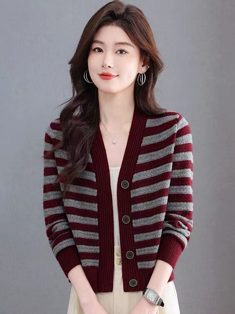 2026 봄 가을 새로운 스트라이프 니트 오픈 가디건 여성 V넥 카디건 긴팔 패션 다용도 버튼 스웨터 코트 상세 이미지 4
