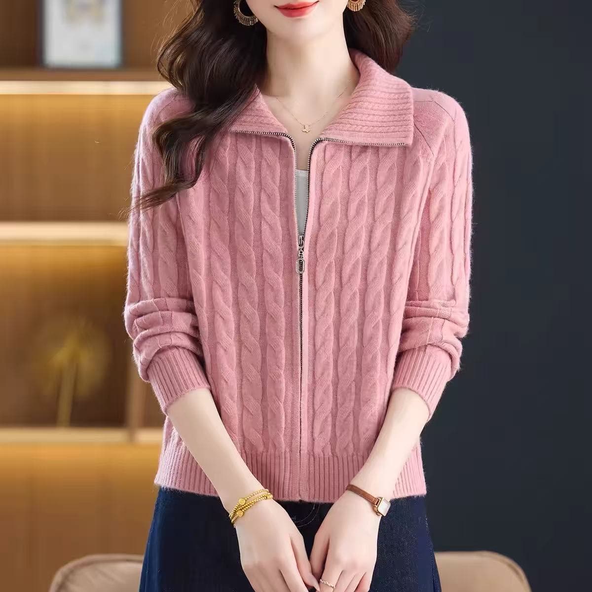 2026 봄 가을 새로운 폴로 칼라 니트 오픈 가디건 여성 짧은 작은 키 외부 가져 가라. 패션 지퍼 스웨터 코트 맨위 이미지 4