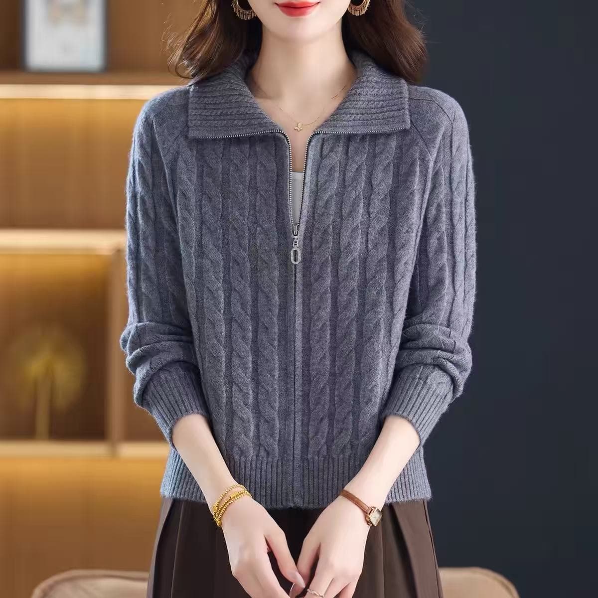 2026 봄 가을 새로운 폴로 칼라 니트 오픈 가디건 여성 짧은 작은 키 외부 가져 가라. 패션 지퍼 스웨터 코트 맨위 상세 이미지 5