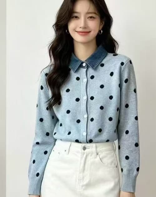 프랑스식 도트 무늬 페이크 레이어드 데님 패치워크 POLO 칼라 니트 스웨터 부드러운 찹쌀 연령 감소 스웨터 코트 가을 겨울철 새로운 상세 이미지 1