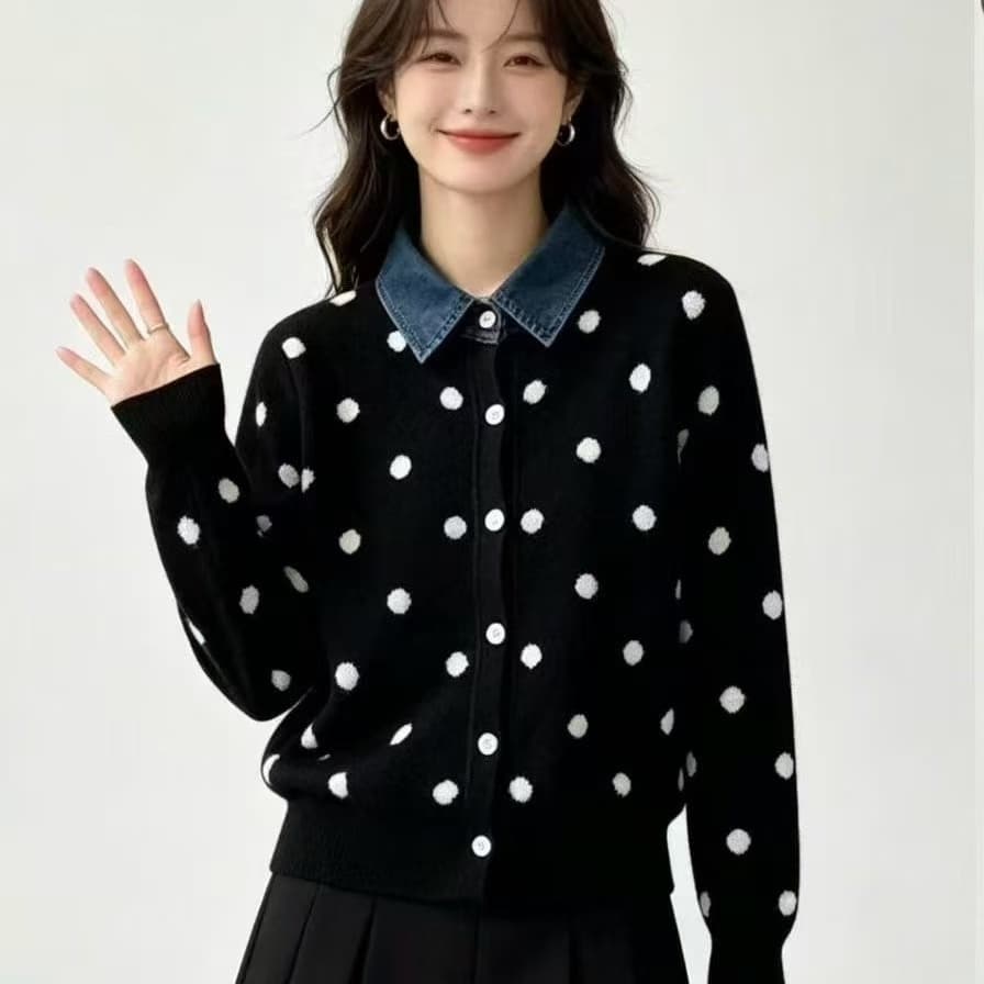 프랑스식 도트 무늬 페이크 레이어드 데님 패치워크 POLO 칼라 니트 스웨터 부드러운 찹쌀 연령 감소 스웨터 코트 가을 겨울철 새로운 상세 이미지 2