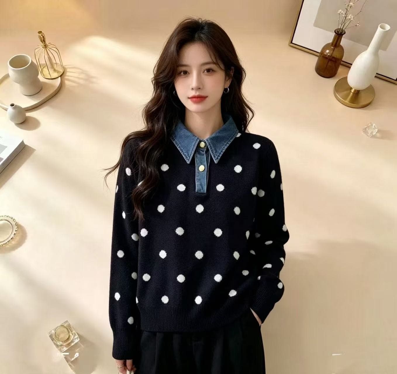 한국 스타일 도트 무늬 페이크 레이어드 데님 패치워크 POLO 칼라 니트 스웨터 부드러운 찹쌀 연령 감소 스웨터 코트 가을 겨울철 새로운
