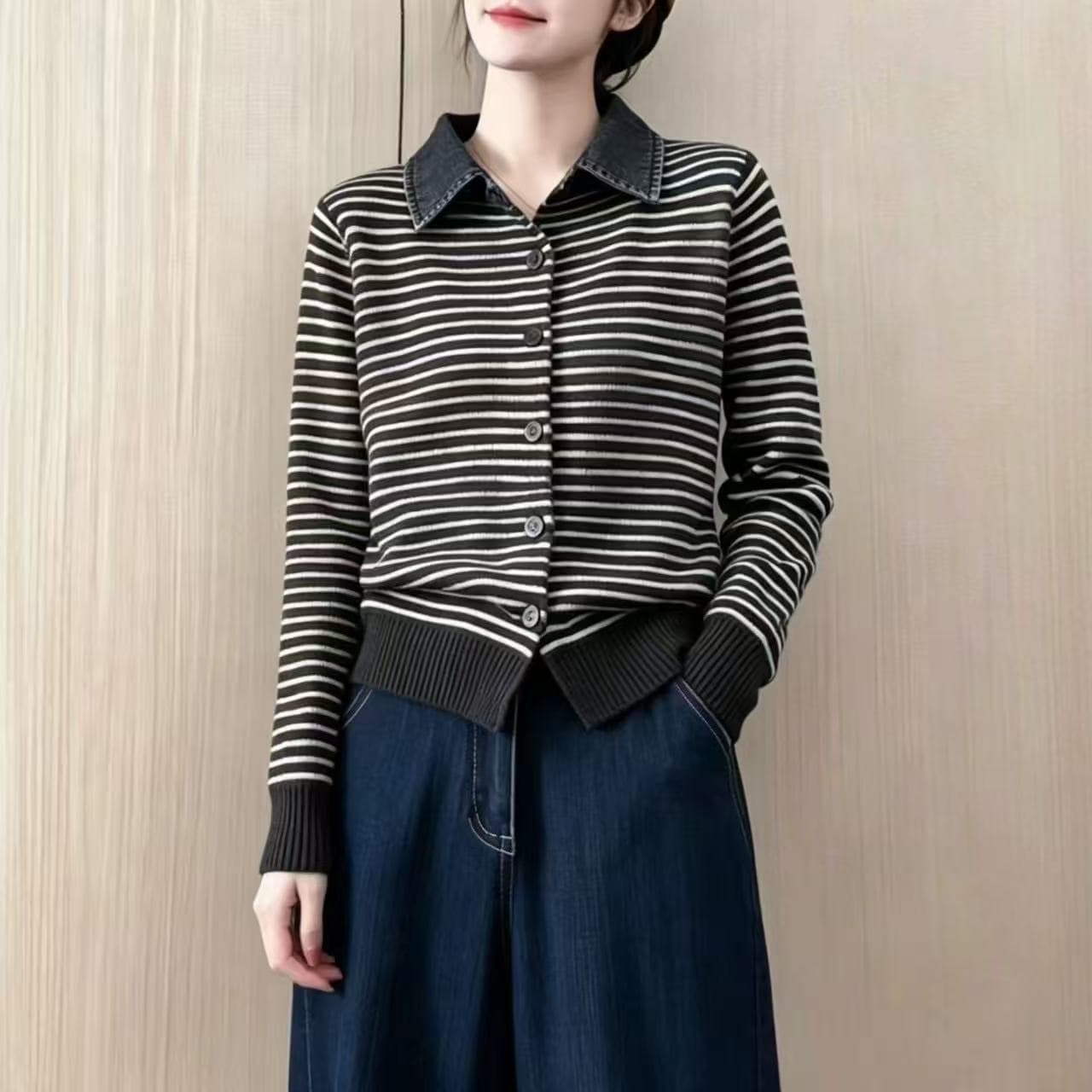 스트라이프 패치워크 폴로 칼라 니트 오픈 가디건 긴팔 다용도 디자인 센스 스웨터 코트 2026 가을 새로운 이미지 2