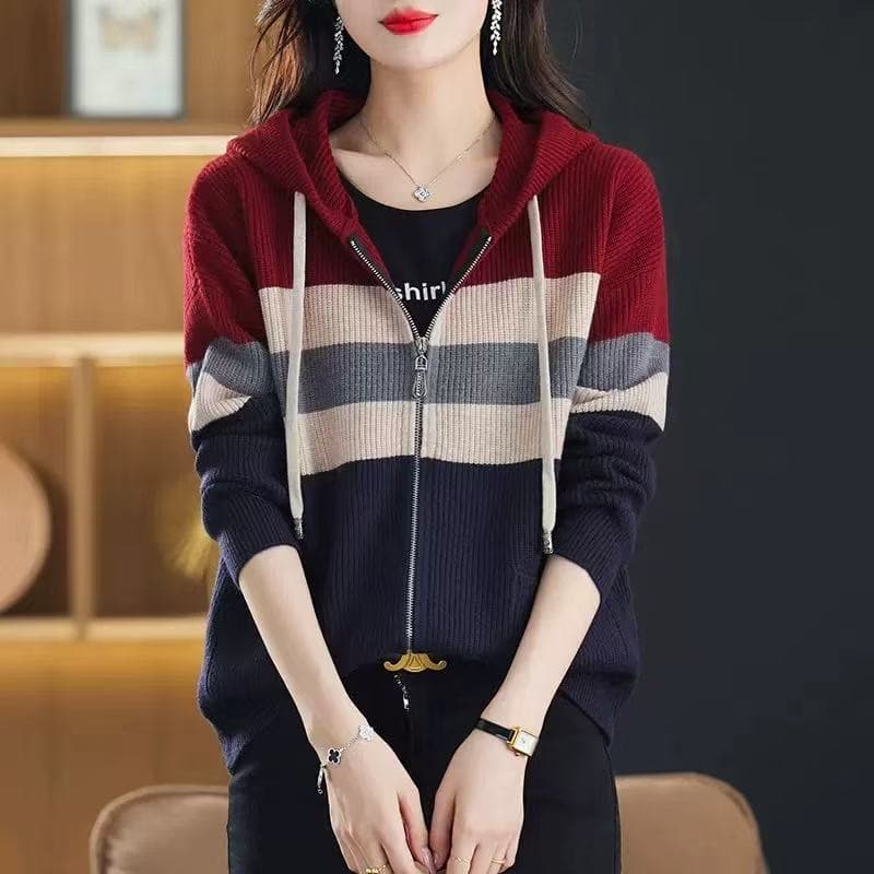 카디건 여성 2026 가을 겨울 새로운 스웨터 후드 지퍼 빅 사이즈 재킷 패션 배색 모자 셔츠 니트 오픈 가디건 이미지 4