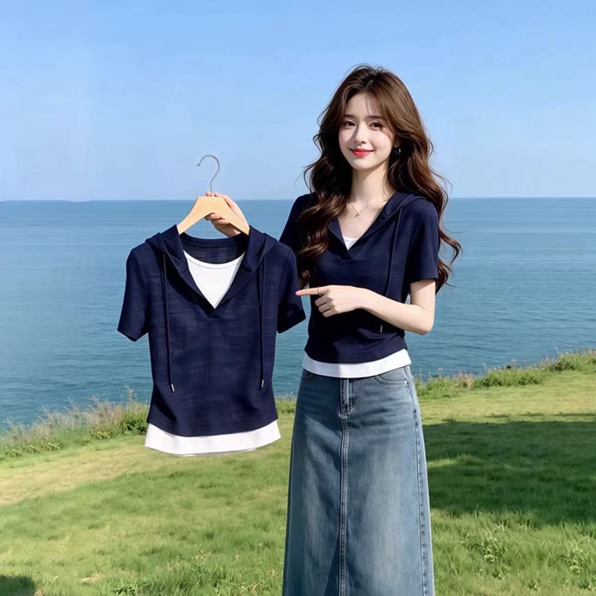 2026 슈퍼 화재 여름 드레스 패션 슬림해 보이는 페이크 레이어드 배색 긍정적 인 어깨 반팔 티셔츠