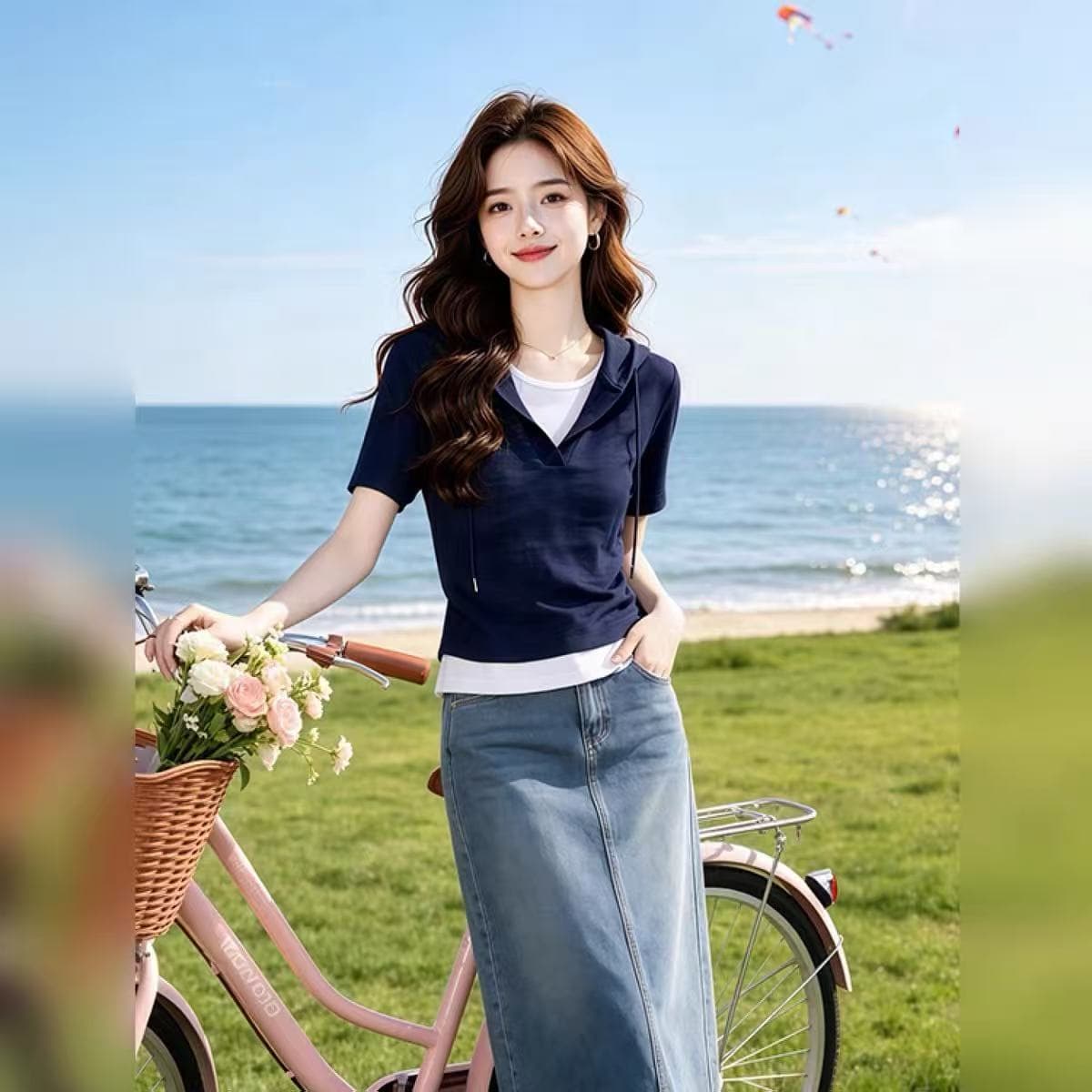 2026 슈퍼 화재 여름 드레스 패션 슬림해 보이는 페이크 레이어드 배색 긍정적 인 어깨 반팔 티셔츠 이미지 2
