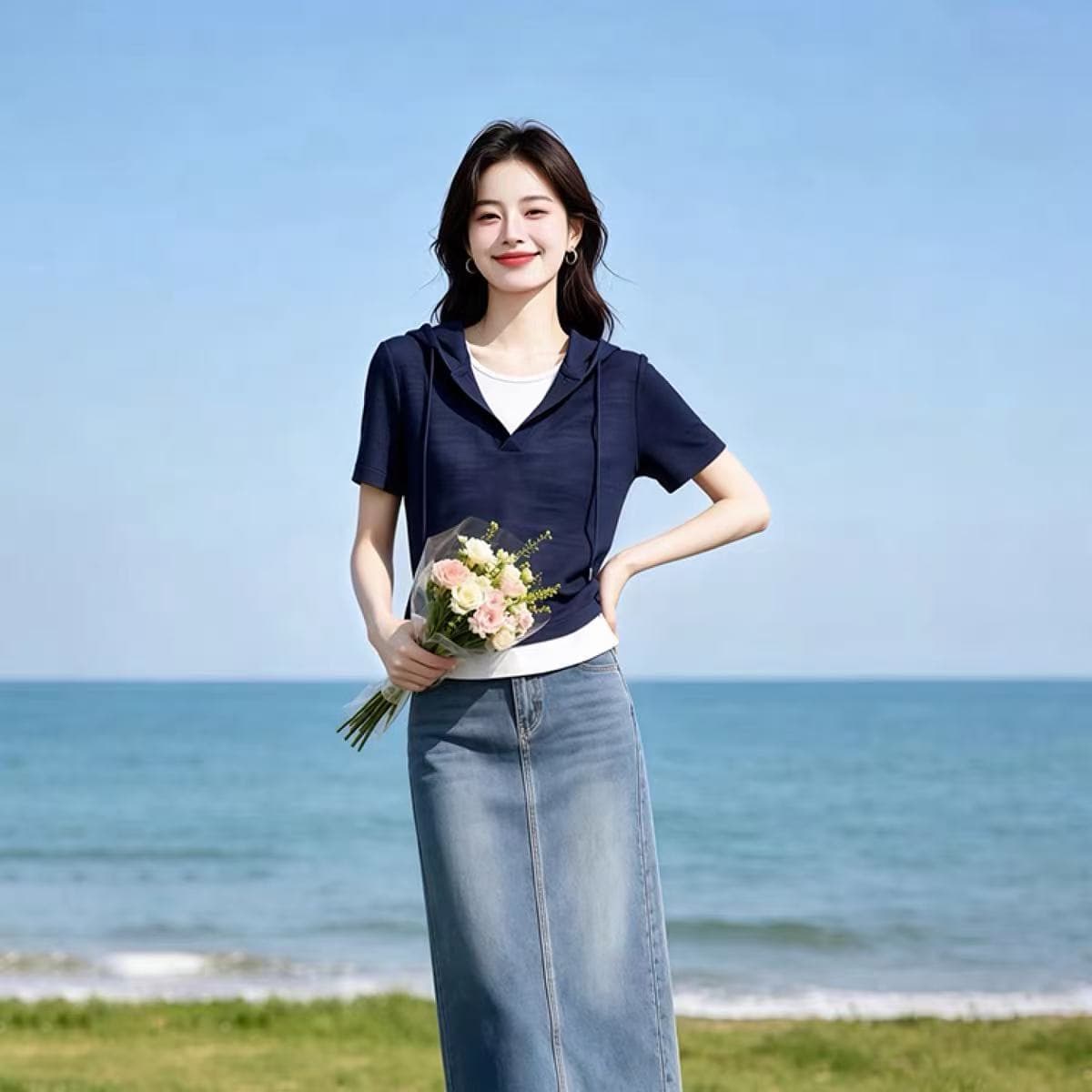 2026 슈퍼 화재 여름 드레스 패션 슬림해 보이는 페이크 레이어드 배색 긍정적 인 어깨 반팔 티셔츠 상세 이미지 5