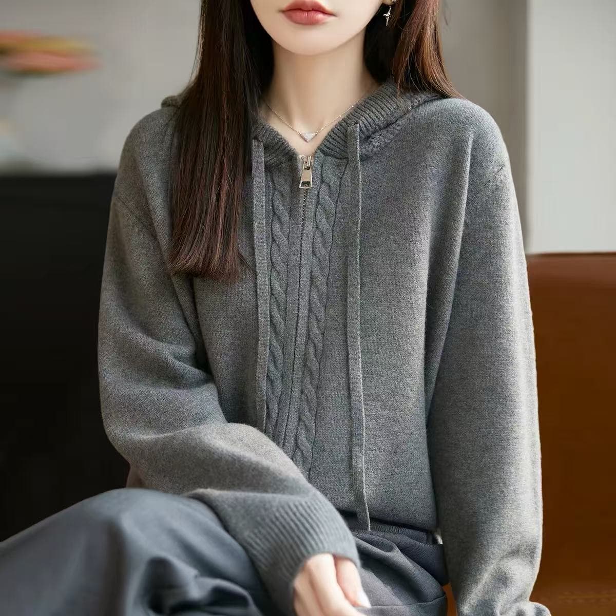 2026 새로운 단색 더블 지퍼 후드 티 스웨터 니트 오픈 가디건 여성 코트 봄 가을 빅 사이즈 맨위 가을 겨울 스웨터 상세 이미지 2