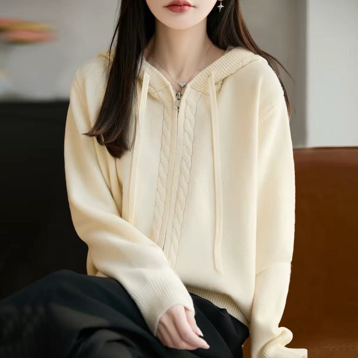 2026 새로운 단색 더블 지퍼 후드 티 스웨터 니트 오픈 가디건 여성 코트 봄 가을 빅 사이즈 맨위 가을 겨울 스웨터 상세 이미지 3