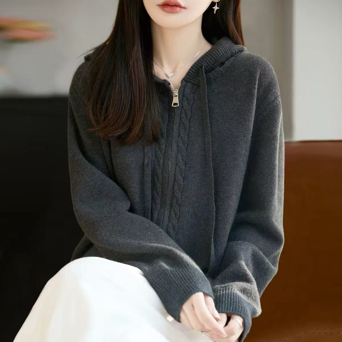 2026 새로운 단색 더블 지퍼 후드 티 스웨터 니트 오픈 가디건 여성 코트 봄 가을 빅 사이즈 맨위 가을 겨울 스웨터 상세 이미지 4