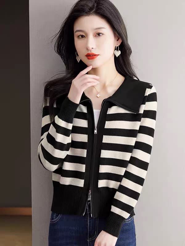 2026 봄 가을 새로운 폴로 칼라 더블 지퍼 니트 오픈 가디건 여성 예 작은 키 재킷 쇼트 스타일 루즈핏 스트라이프 스웨터 이미지 2