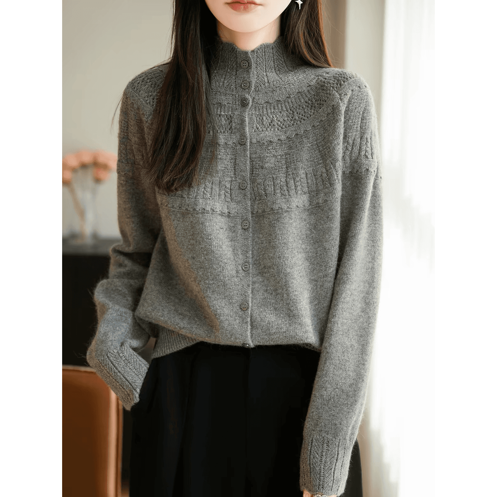 작은 샤넬 스타일 레이스 레이스 부드러운 바람 스탠드 칼라 홀로우 아웃 니트 오픈 가디건 여성 베이지 색 단추 스웨터 다용도 맨위 이미지 4