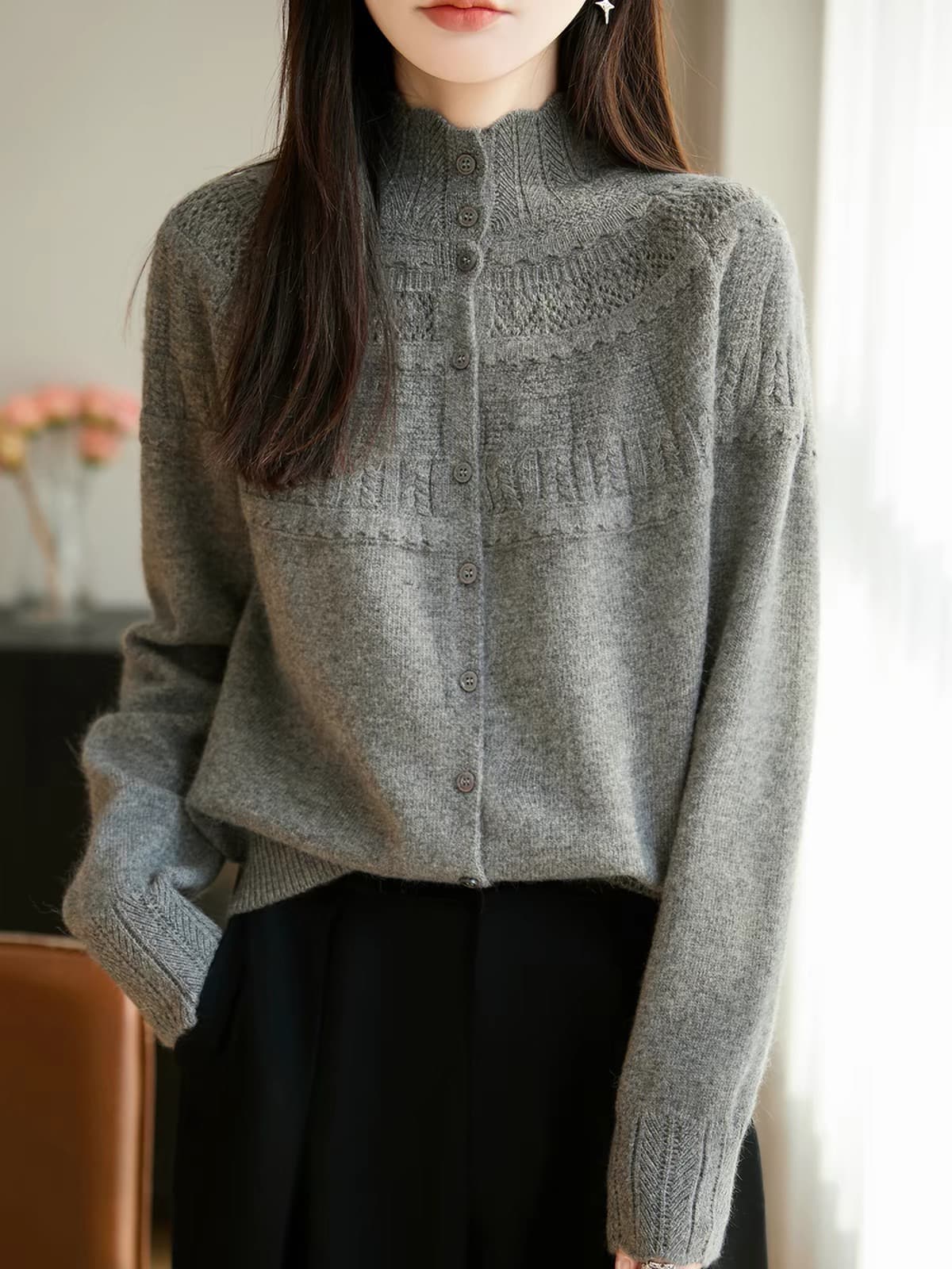 작은 샤넬 스타일 레이스 레이스 부드러운 바람 스탠드 칼라 홀로우 아웃 니트 오픈 가디건 여성 베이지 색 단추 스웨터 다용도 맨위 상세 이미지 4