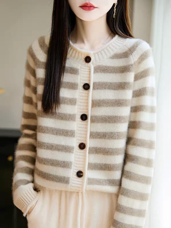 1 순수한 카디건 스트라이프 패치워크 색상 니트 오픈 가디건 여성 볼륨 측면 라운드 넥 두꺼운 스웨터 루즈핏 양모 스웨터 재킷 상세 이미지 5