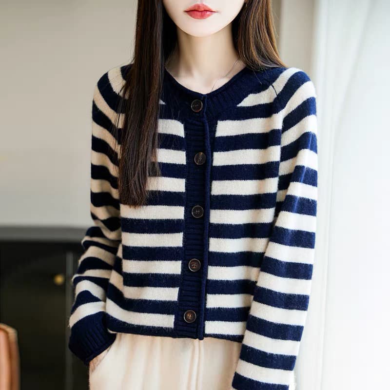 1 순수한 카디건 스트라이프 패치워크 색상 니트 오픈 가디건 여성 볼륨 측면 라운드 넥 두꺼운 스웨터 루즈핏 양모 스웨터 재킷 상세 이미지 6