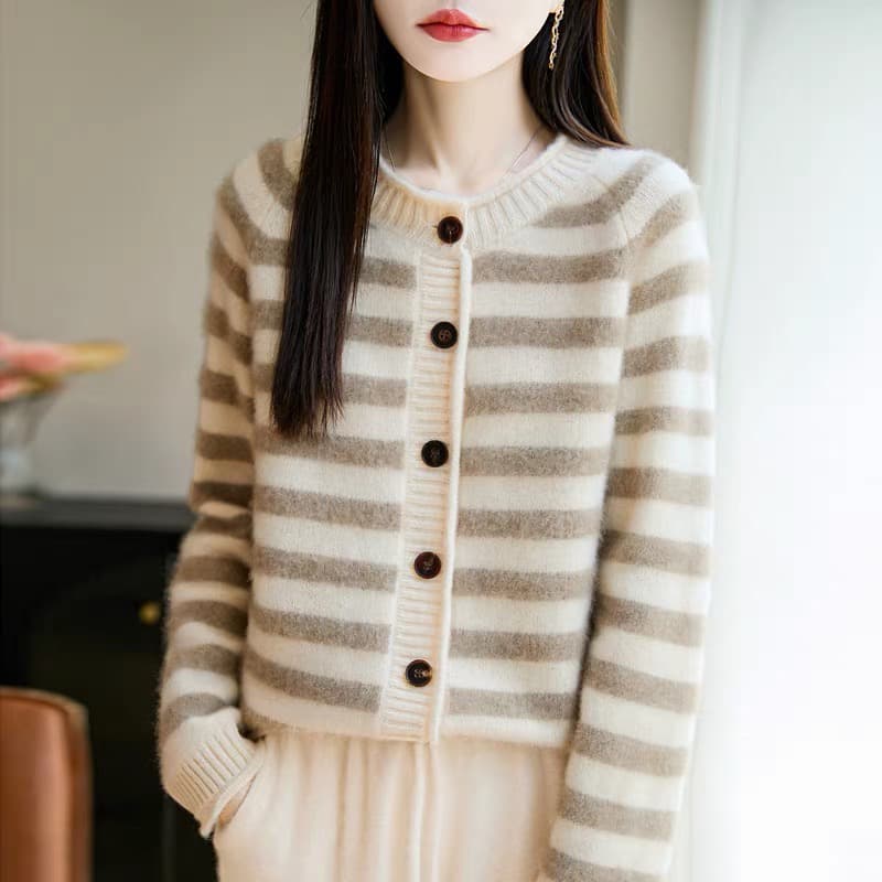 1 순수한 카디건 스트라이프 패치워크 색상 니트 오픈 가디건 여성 볼륨 측면 라운드 넥 두꺼운 스웨터 루즈핏 양모 스웨터 재킷 상세 이미지 7