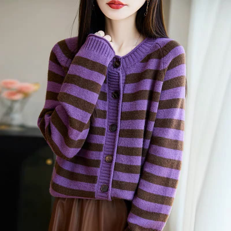 1 순수한 카디건 스트라이프 패치워크 색상 니트 오픈 가디건 여성 볼륨 측면 라운드 넥 두꺼운 스웨터 루즈핏 양모 스웨터 재킷 상세 이미지 8