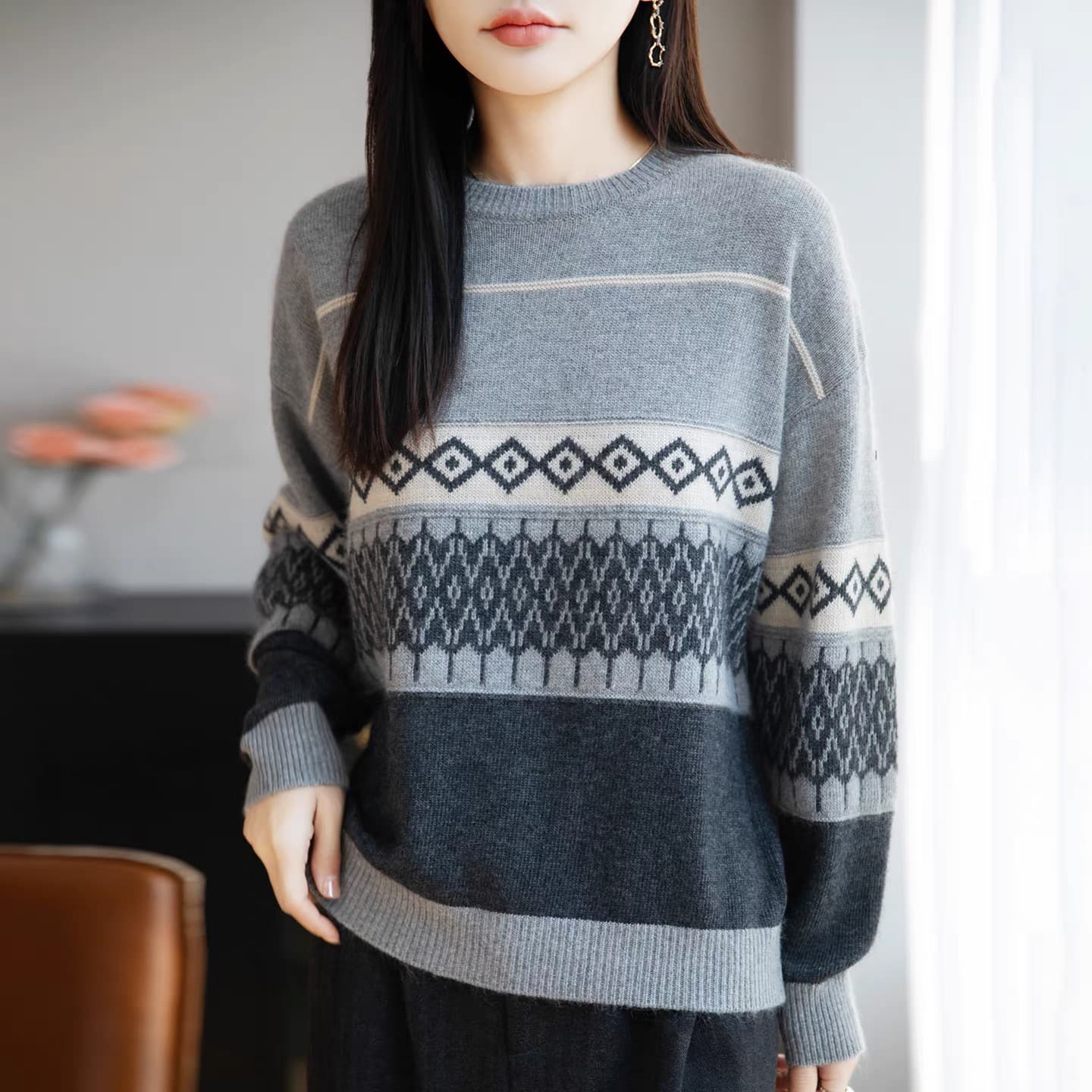 오스트리아 테라스 정리 브랜드 대외 무역 전단 표준 양모 니트 스웨터 여성 공정한 섬 자카드 느긋한 바람 슬림해 보이는 스웨터 상세 이미지 7
