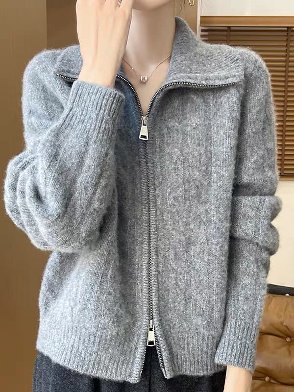 가을 겨울철 폴로 칼라 양모 오픈 가디건 여성 루즈핏 다용도 트위스트 꽃 지퍼 쇼트 스타일 스웨터 양모 니트 재킷 상세 이미지 2