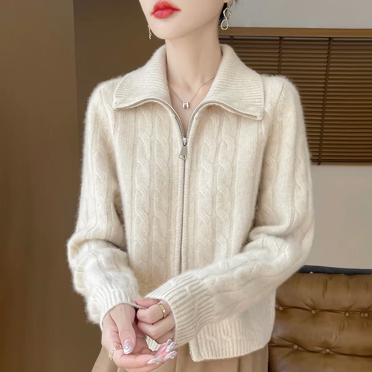 가을 겨울철 폴로 칼라 양모 오픈 가디건 여성 루즈핏 다용도 트위스트 꽃 지퍼 쇼트 스타일 스웨터 양모 니트 재킷 상세 이미지 6
