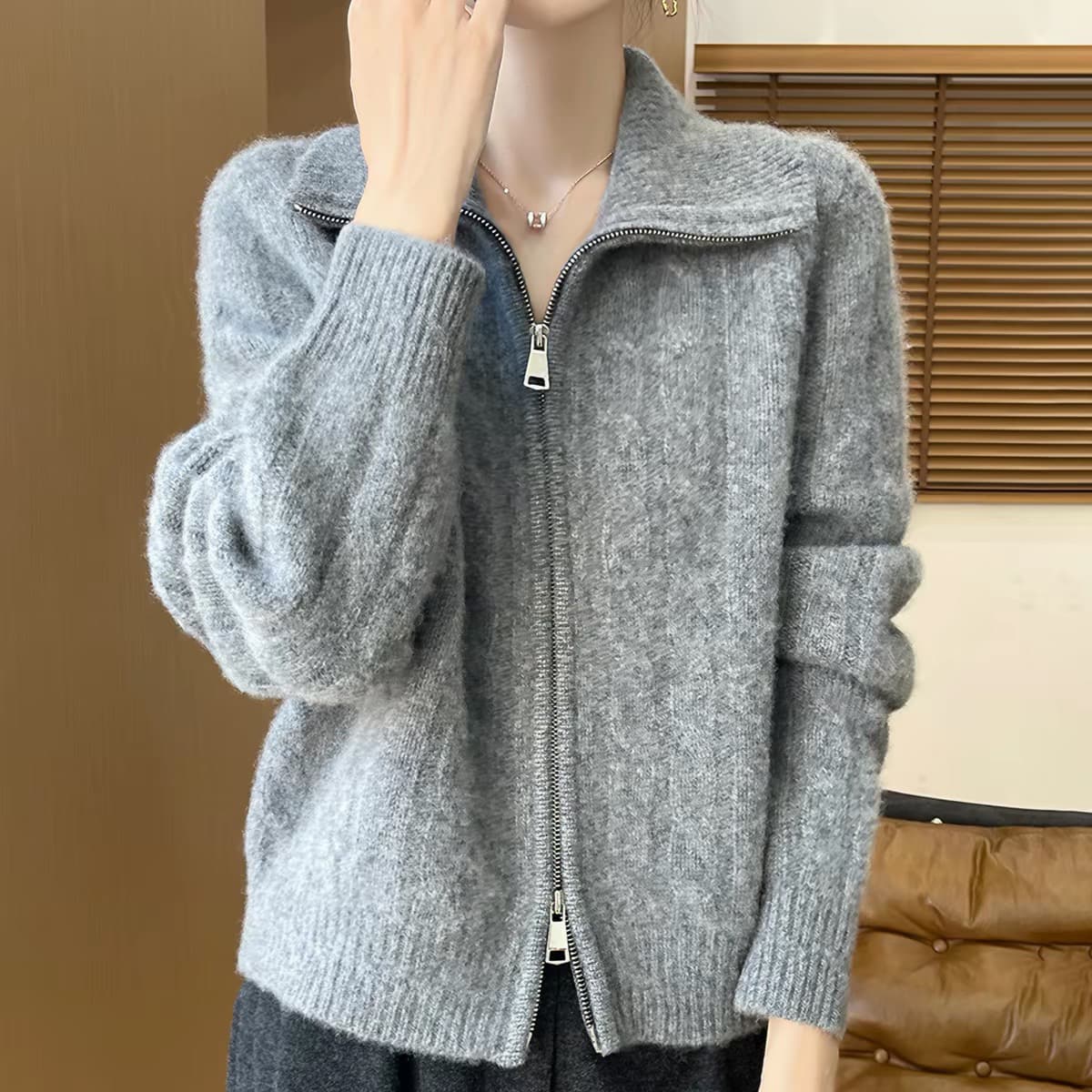 가을 겨울철 폴로 칼라 양모 오픈 가디건 여성 루즈핏 다용도 트위스트 꽃 지퍼 쇼트 스타일 스웨터 양모 니트 재킷 상세 이미지 8