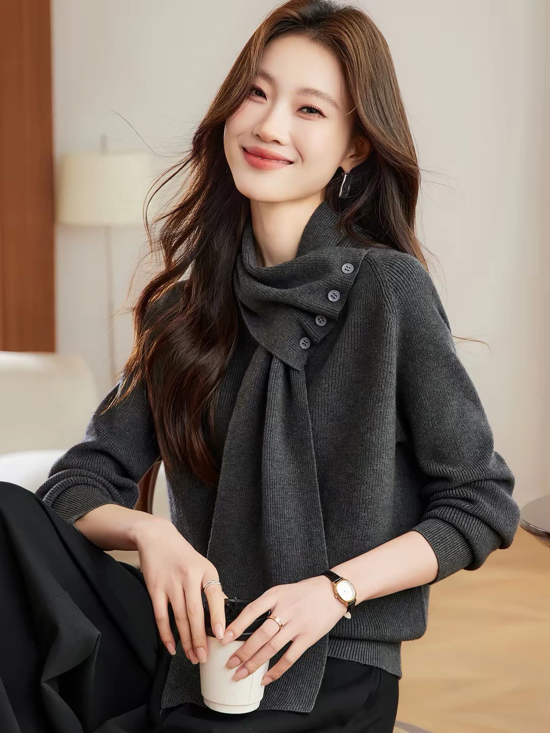 슈퍼 잘 생긴 디자인 센스 스카프 칼라 스웨터 여자 2026 새로운 겨울 착용 가져 가라. 품격 인사이드 가져 가라. 니트 기본 셔츠 상세 이미지 1
