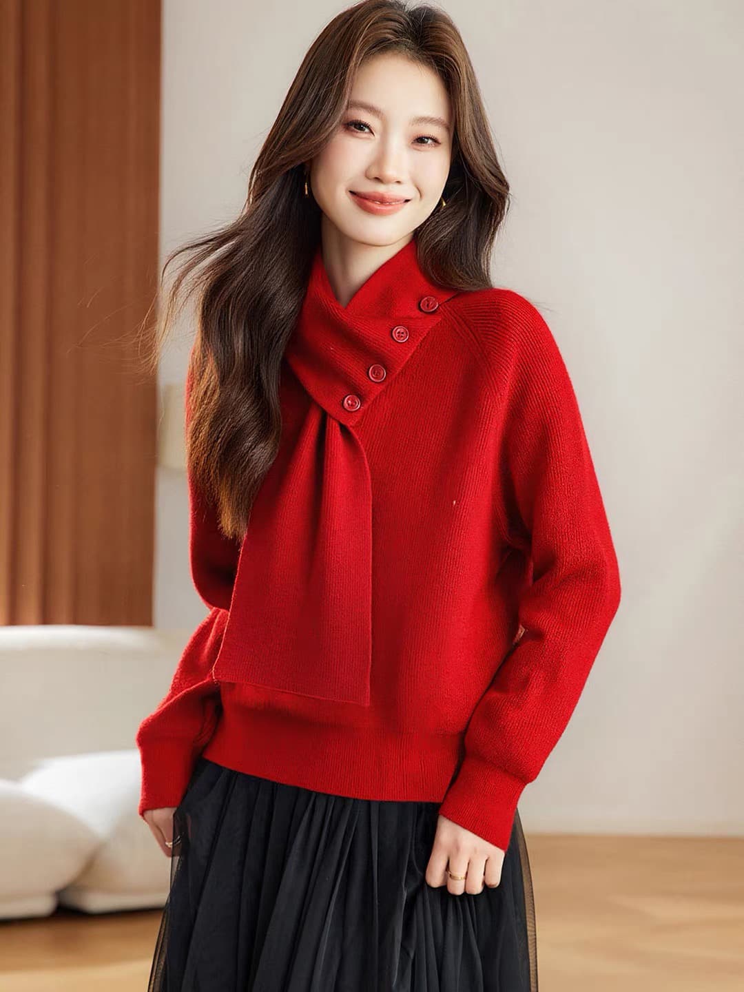 슈퍼 잘 생긴 디자인 센스 스카프 칼라 스웨터 여자 2026 새로운 겨울 착용 가져 가라. 품격 인사이드 가져 가라. 니트 기본 셔츠 상세 이미지 4