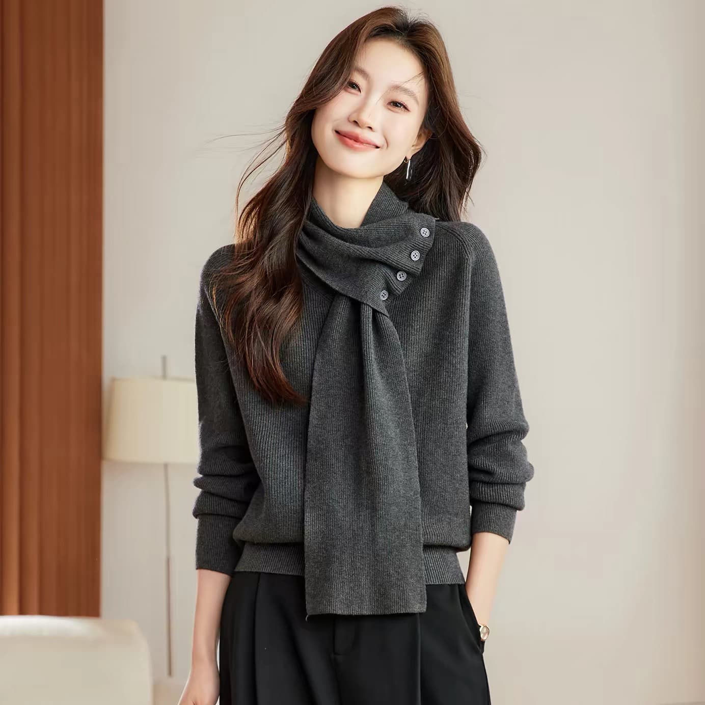 슈퍼 잘 생긴 디자인 센스 스카프 칼라 스웨터 여자 2026 새로운 겨울 착용 가져 가라. 품격 인사이드 가져 가라. 니트 기본 셔츠 상세 이미지 7