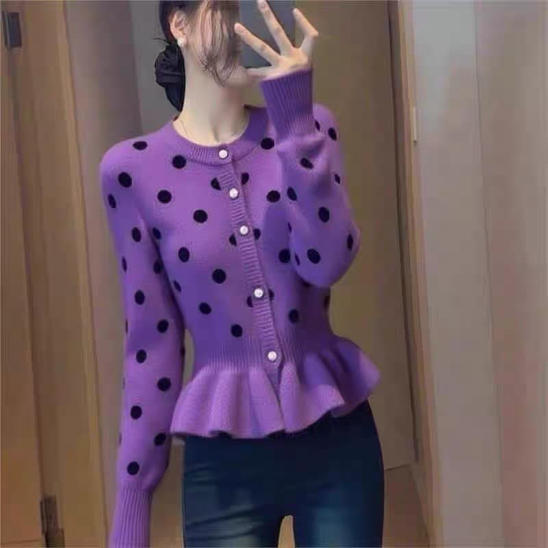 작은 샤넬 스타일 배색 도트 무늬 싱글 줄 버튼 니트 오픈 가디건 여성 가을 겨울철 새로운 외국 가스 연령 감소 쇼트 스타일 재킷 맨위 상세 이미지 5