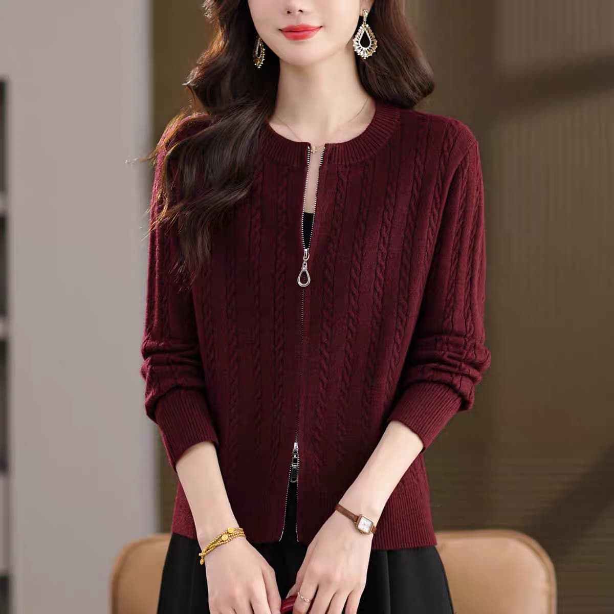 가을 새로운 여성 라운드 넥 꽈배기 니트 오픈 가디건 다용도 슬림해 보이는 우아함 외부 가져 가라. 지퍼 쇼트 스타일 맨위 트렌디 이미지 3