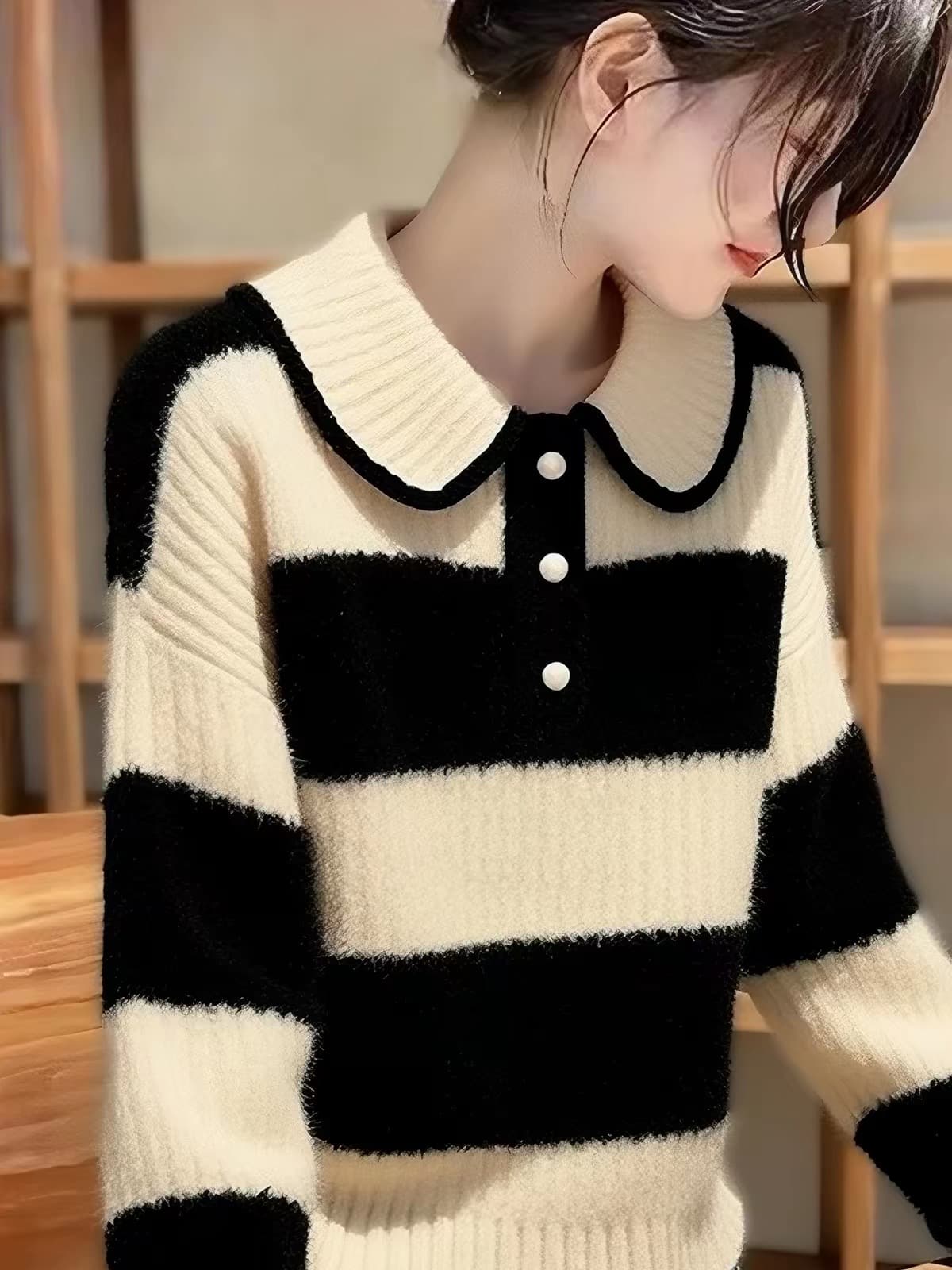 부드러운 찹쌀 스트라이프 스웨터 여성 겨울 루즈핏 느긋한 고급 센스 고유 한 아름다운 품격 고급 풀오버 니트 맨위 두꺼움 이미지 2