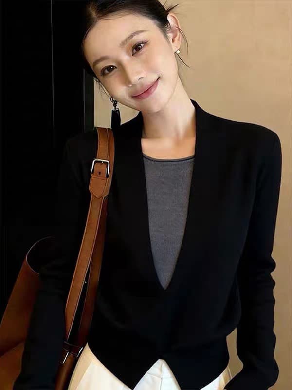 슈퍼 잘 생긴 검정색 허리 수축 페이크 레이어드 맨위 여성 2026 년 가을 새로운 디자인 센스 쇼트 스타일 긴팔 티셔츠 상세 이미지 5