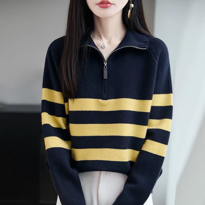 하프 지퍼 폴로 칼라 스웨터 여자 2026 새로운 봄 가을 외출용 배색 스트라이프 맨위 가을 겨울 니트 기본 셔츠 상세 이미지 3