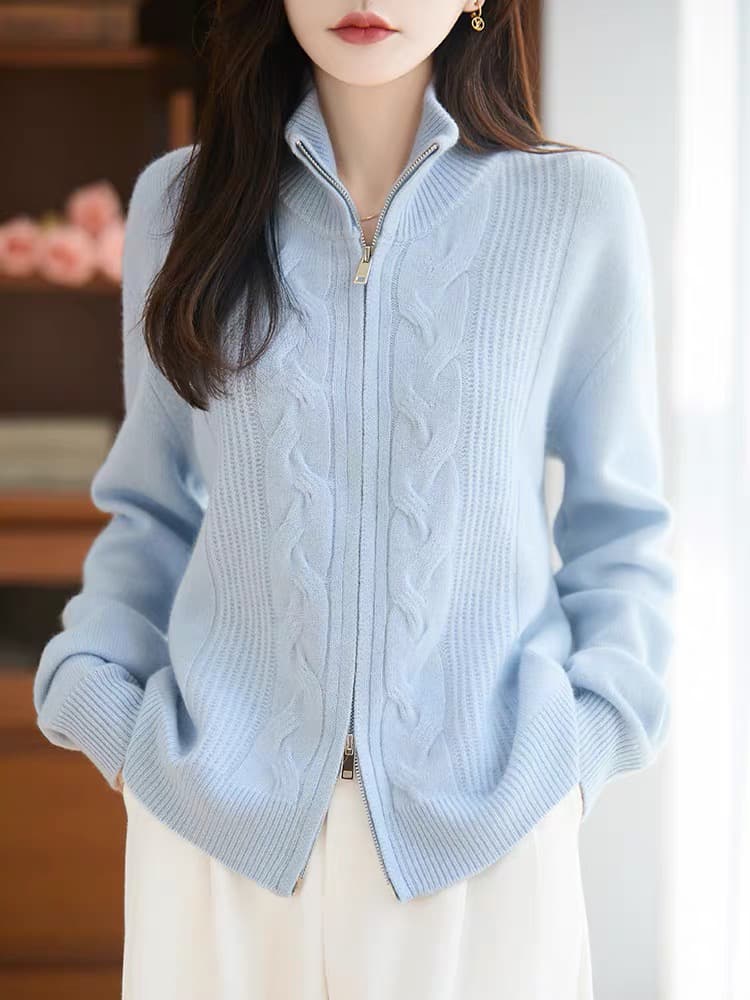 반하이넥 두꺼운 더블 지퍼 순양모 오픈 가디건 여성 트위스트 꽃 니트 스웨터 루즈핏 느긋한 양모 재킷 이미지 4