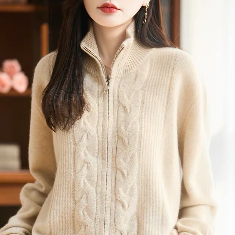 반하이넥 두꺼운 더블 지퍼 순양모 오픈 가디건 여성 트위스트 꽃 니트 스웨터 루즈핏 느긋한 양모 재킷 상세 이미지 7