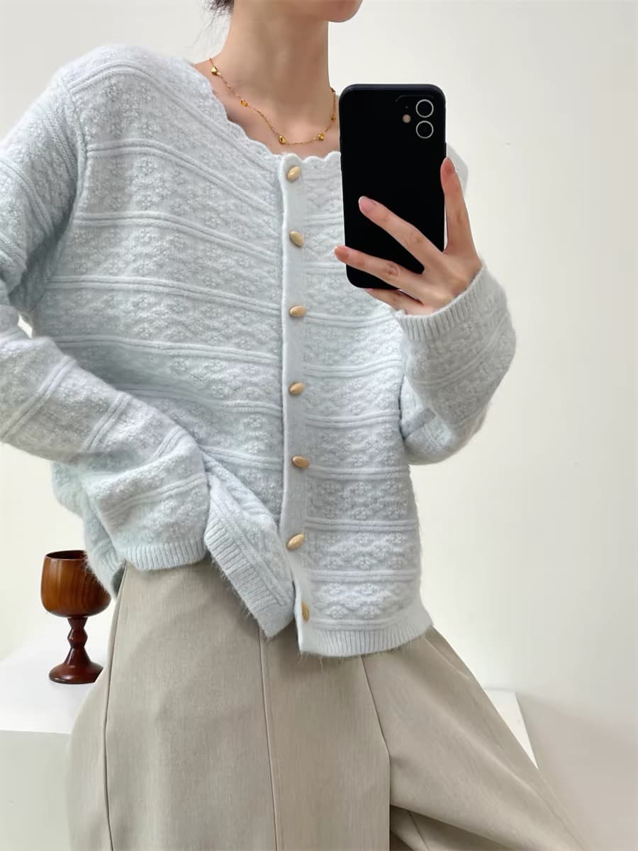 차 카드 소금 레이크 블루 라운드 넥 올리브 단추 싱글 줄 버튼 루즈핏 스웨터 니트 카디건 코트 맨위 상세 이미지 5