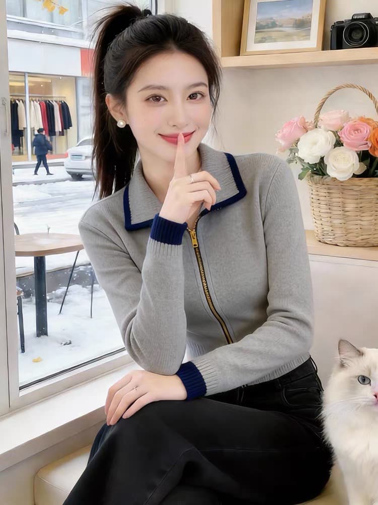 고급 센스 쇼트 스타일 폴로 칼라 스웨터 여자 2026 년 가을 새로운 느긋한 바람 품격 연령 감소 연령 감소 니트 맨위 이미지 3