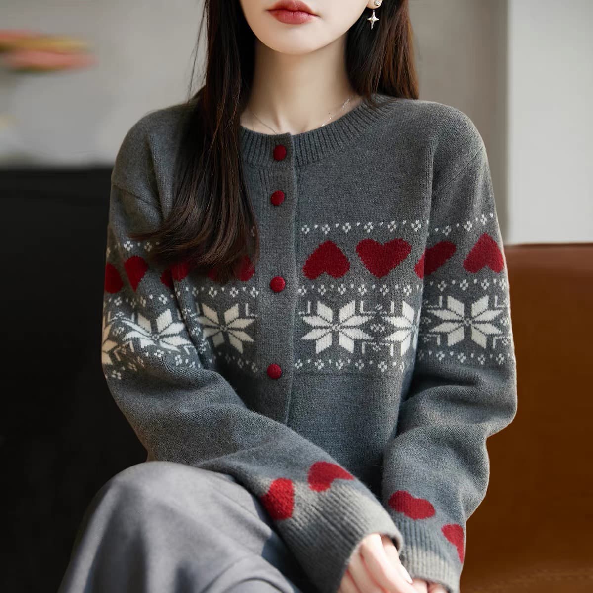 봄 가을 외부 잡아라. 의류 양모 니트 오픈 가디건 여성 2026 새로운 루즈핏 외국 가스 빅 사이즈 공정한 섬 스웨터 코트 상세 이미지 3