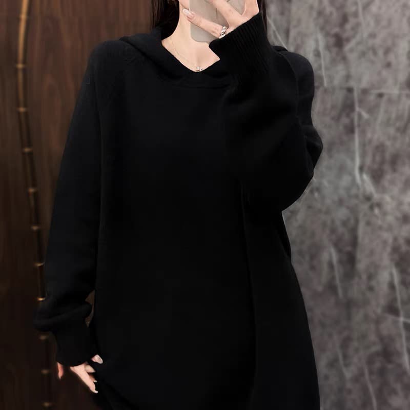 순양모 후드 니트 스웨터 여자 두꺼운 중간 길이 패션 모자 셔츠 루즈핏 느긋한 양모 스웨터 맨위 상세 이미지 2