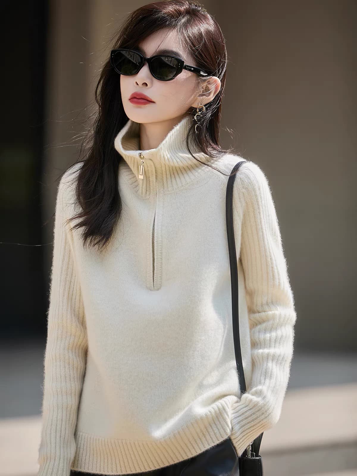터틀넥 하프 지퍼 순수한 카디건 여성 유럽 상품 고급 두꺼운 가을 겨울 니트 폴로 칼라 만나는 양모 스웨터 이미지 4