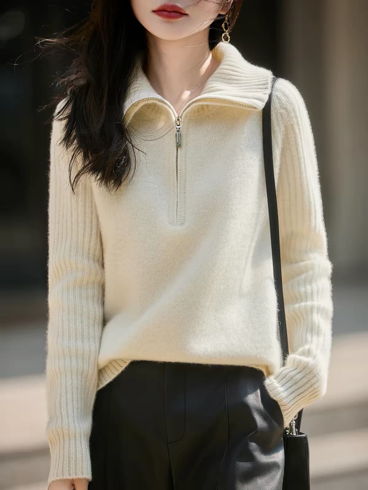 터틀넥 하프 지퍼 순수한 카디건 여성 유럽 상품 고급 두꺼운 가을 겨울 니트 폴로 칼라 만나는 양모 스웨터 상세 이미지 2
