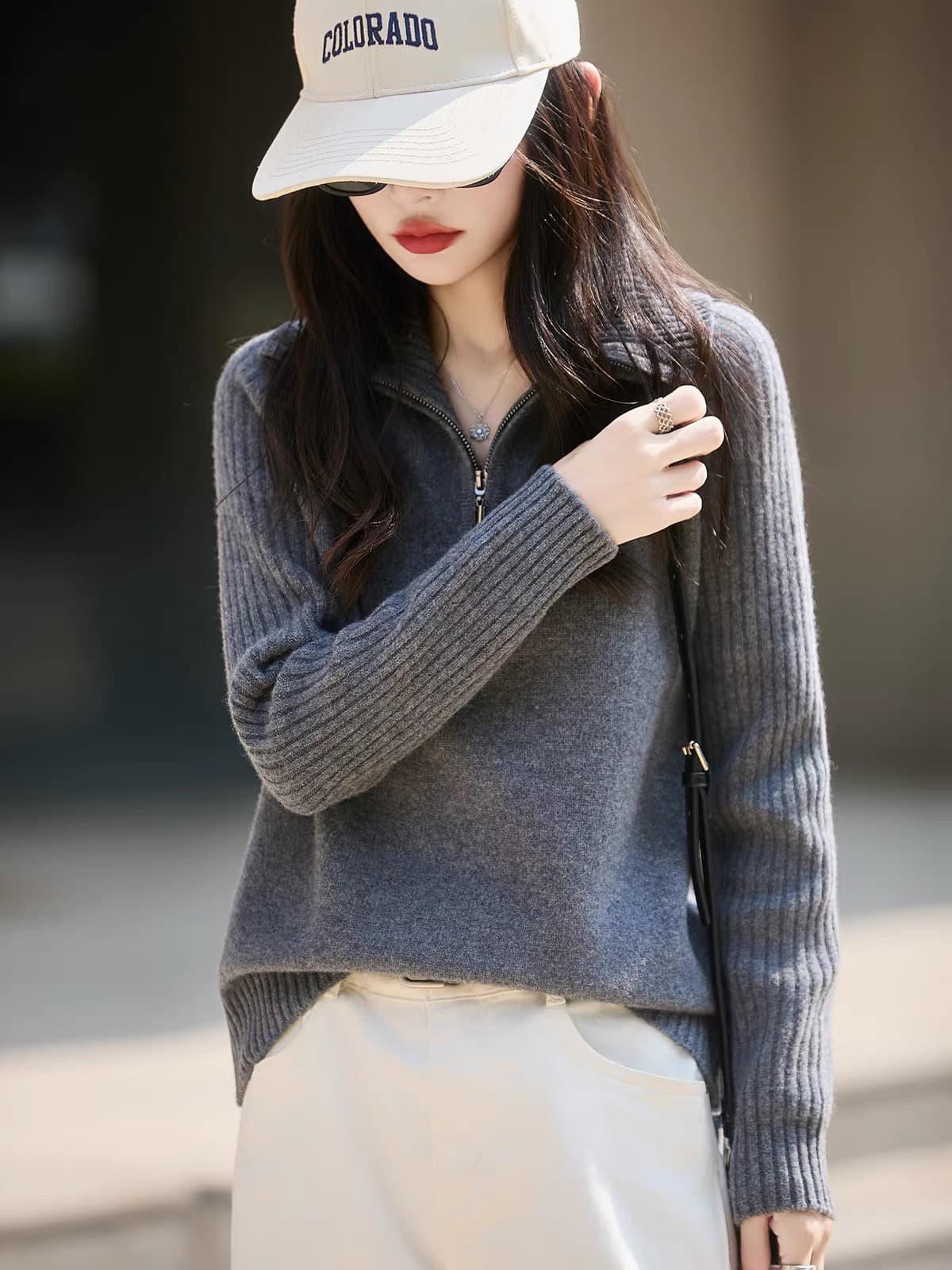 터틀넥 하프 지퍼 순수한 카디건 여성 유럽 상품 고급 두꺼운 가을 겨울 니트 폴로 칼라 만나는 양모 스웨터 상세 이미지 4