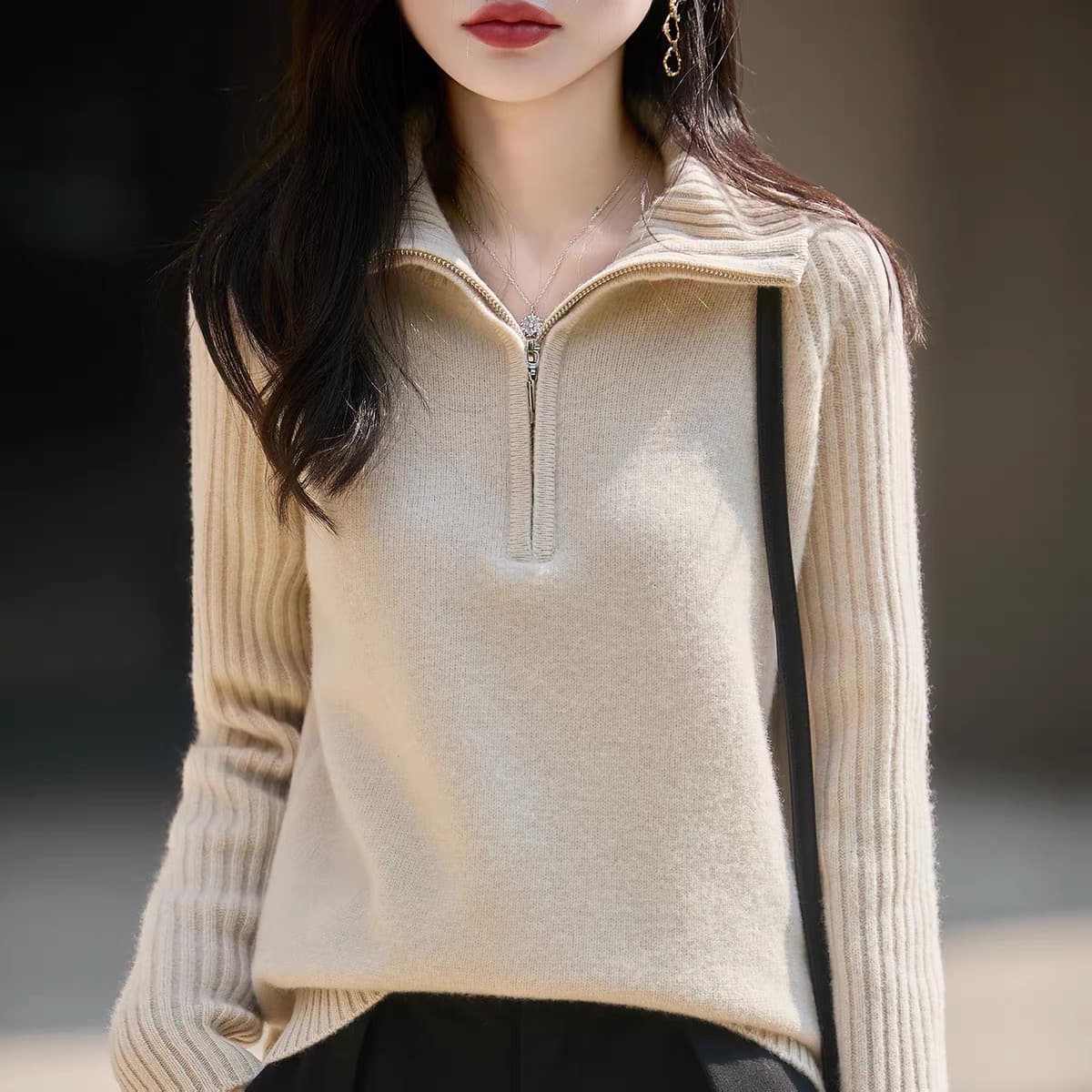 터틀넥 하프 지퍼 순수한 카디건 여성 유럽 상품 고급 두꺼운 가을 겨울 니트 폴로 칼라 만나는 양모 스웨터 상세 이미지 7
