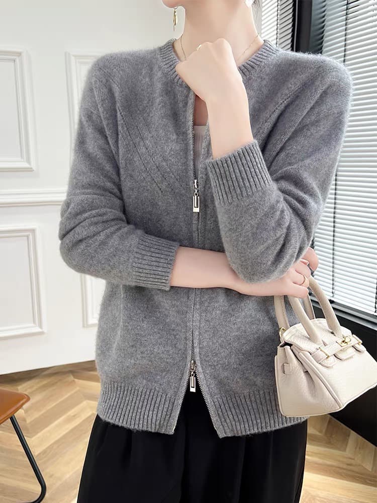 유럽 상품 더블 지퍼 양모 오픈 가디건 여성 짧은 두꺼운 카디건 순양모 루즈핏 슬림해 보이는 스웨터 코트