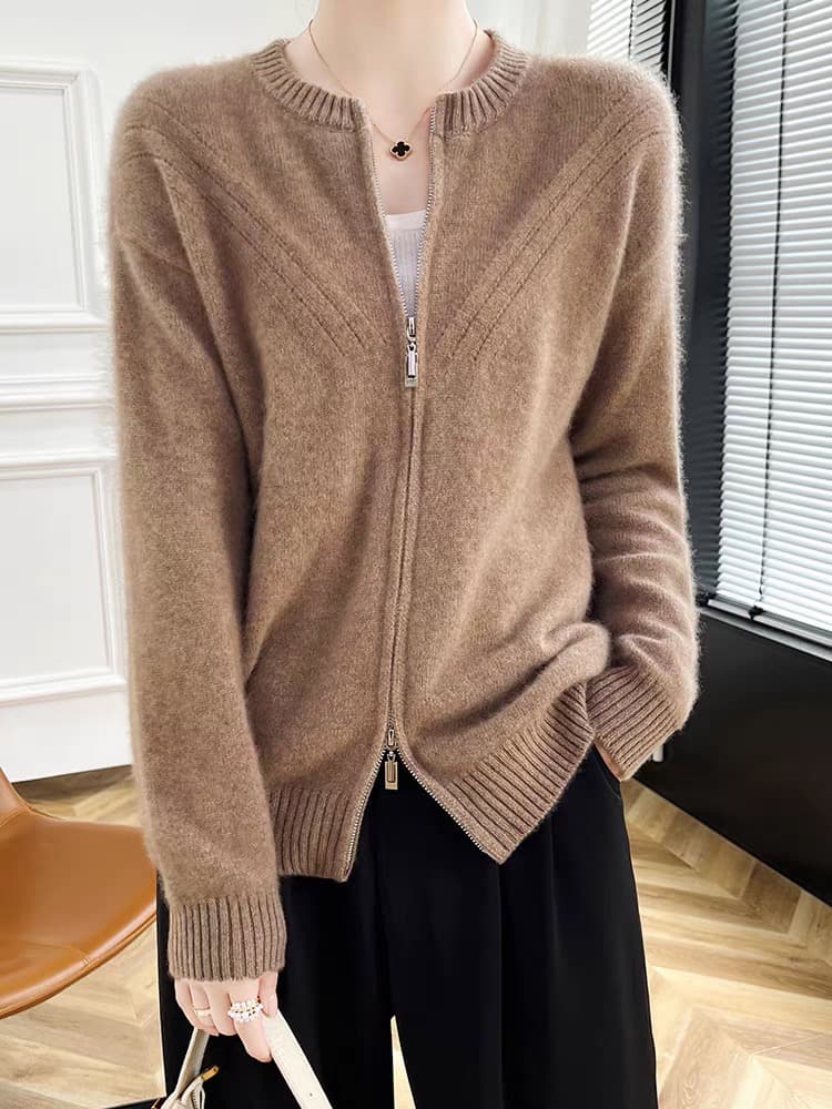 유럽 상품 더블 지퍼 양모 오픈 가디건 여성 짧은 두꺼운 카디건 순양모 루즈핏 슬림해 보이는 스웨터 코트 이미지 3
